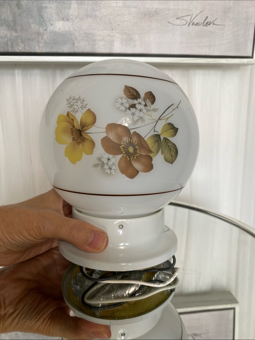 Cottage Core White Floral Milk Glass Globe Lamp Shade with Gold and Brown Flower